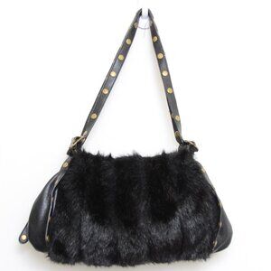 Furry! Black Faux Fur Brass Rivets Shoulder Handbag Purse